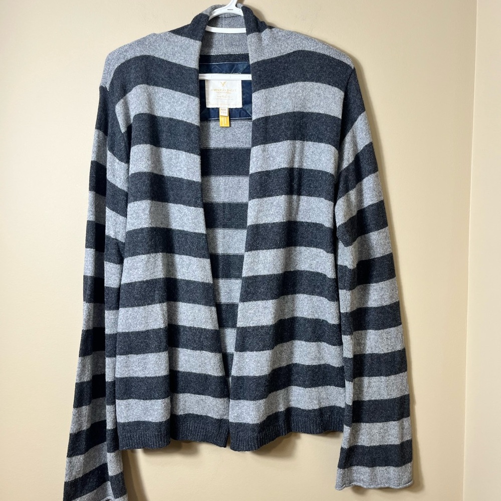 American Eagle XXL Striped Open Front Cardigan Cotton Angora Blend Gray Cozy - Picture 6 of 6